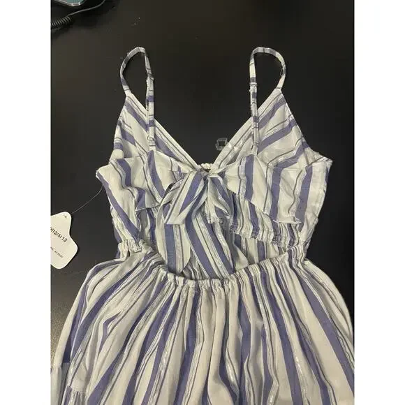 Angie Striped Tiered Coastal Sundress Women’s Large Blue White Shimmer Tie Back - Picture 11 of 12